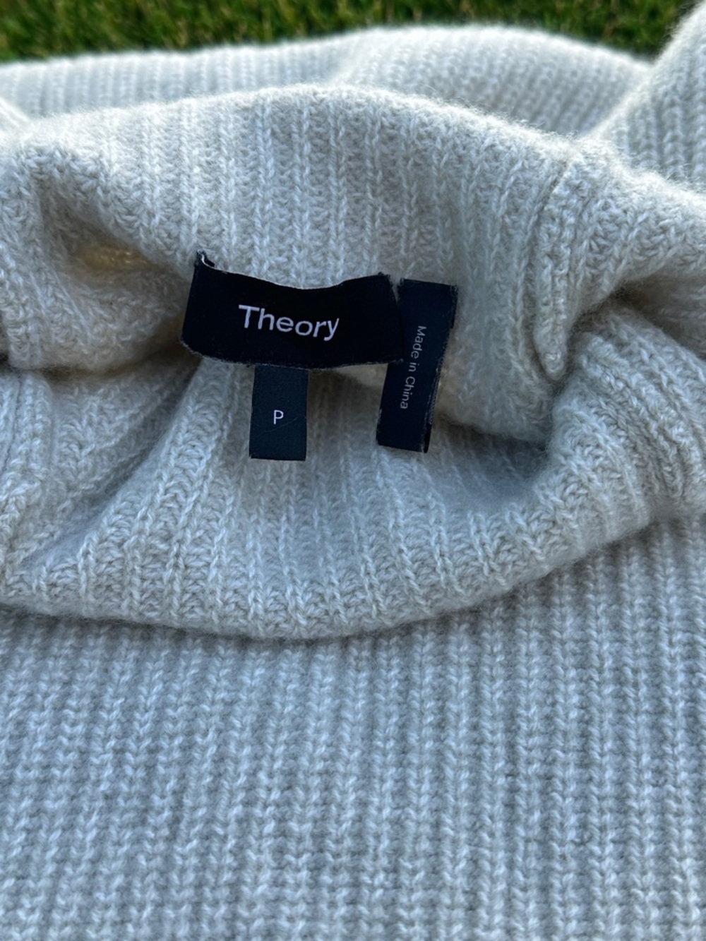 Theory Cream Ribbed Turtleneck Sweater